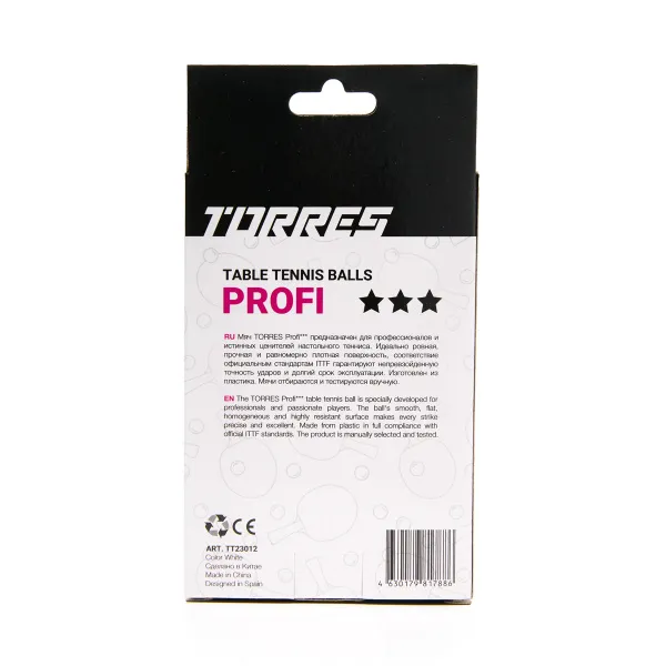 Мяч для наст. тенниса TORRES Profi 3*, TT23012, диам. 40+мм, упак. 6 шт, белый за 338.30 ₽ в Саранске