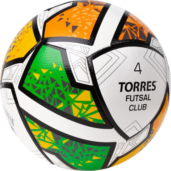 Мяч футзал. TORRES Futsal Club, FS323764, р.4, 10 пан. ПУ, 4 под. сл, гибрид. сш. бело-зел-оранж за 2&nbsp;264.40 ₽ в Саранске